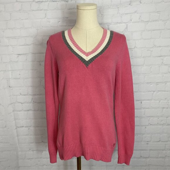 ⭐ 3/$15 Izod Pink White Grey Stripe V-Neck Knit Sweater S - Picture 1 of 8